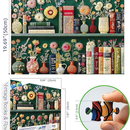 Blueforest 1000 Piece Jigsaw Puzzles for Adults, Unique 3D Embroidery-Style Floral & Vintage Bookshelf Art Puzzle, Challenging Fun Adult Puzzles for Relaxation 27.5x19.7 Inch