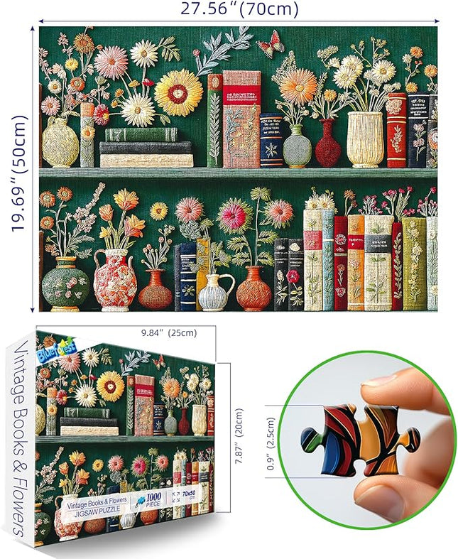 Blueforest 1000 Piece Jigsaw Puzzles for Adults, Unique 3D Embroidery-Style Floral & Vintage Bookshelf Art Puzzle, Challenging Fun Adult Puzzles for Relaxation 27.5x19.7 Inch
