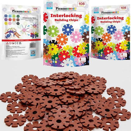 PicassoTiles Building Chip Interlocking Disc Construction Blocks in Brown Color STEM Learning Early Education Toy Engineering Playset Child Brain Development for Toddlers Girls Boys Kids Age 3+ PTF108