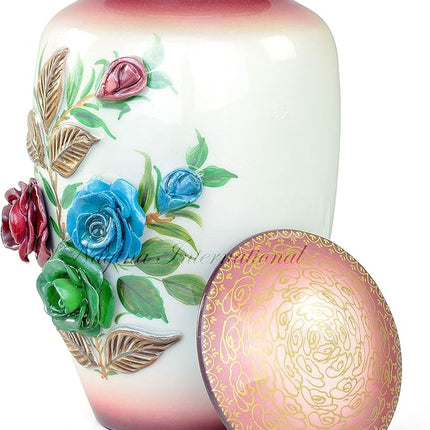 11" 3D Carved Decorative Flowers Aluminum Metal Cremation Urns for Human Ashes | Hand-Crafted Large Urn for Adult Cremation (Nibble Red)