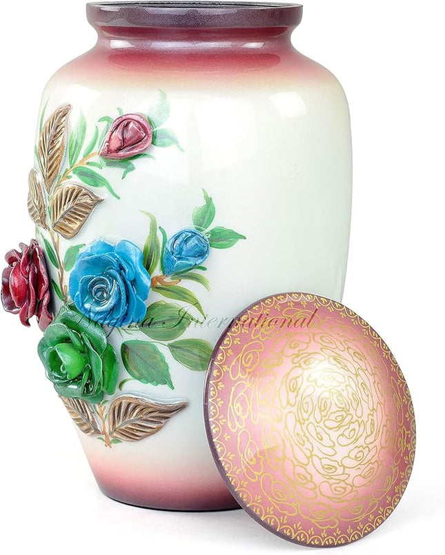 11" 3D Carved Decorative Flowers Aluminum Metal Cremation Urns for Human Ashes | Hand-Crafted Large Urn for Adult Cremation (Nibble Red)