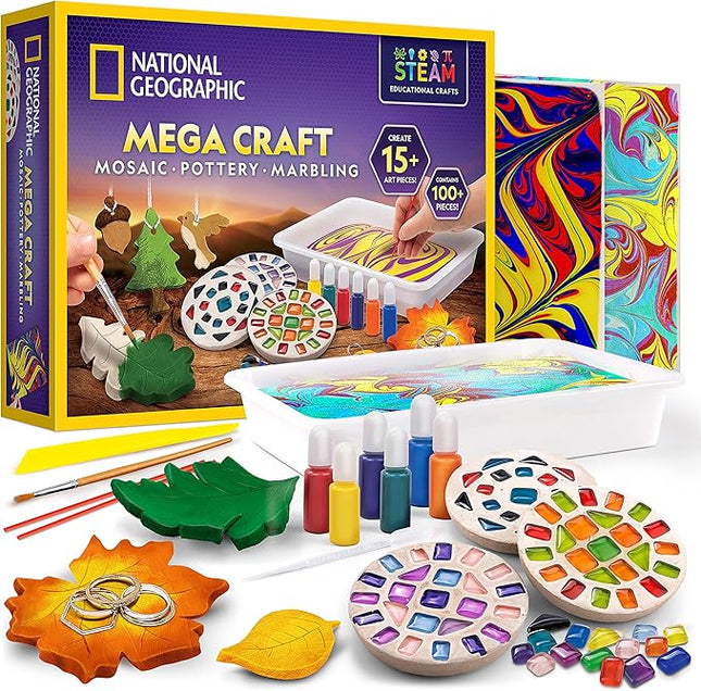 National Geographic Mega Arts and Crafts Kit for Kids – Mosaic Kit, Marbling Paint Kit & Air Dry Clay Pottery Kit – Art Projects for Kids Ages 8-12, Crafts for Girls and Boys (Amazon Exclusive)