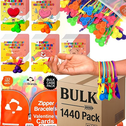 UpBrands Bulk Case of 1440 Packs Pop-It Zipper Bracelets with Valentine Cards Per Pack – Sensory Valentine Gifts for Classroom Events, Charities, and Businesses
