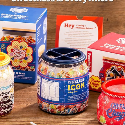 Chupa Chups X PieceRelax 3D Puzzle Jar 96 Plastic Pieces for Adults - Timeless Memories - Pop Energy M Use Includes Divider as Pen and Utensils Holder with Wooden Lid for Kitchen Dining Study [BB1043]