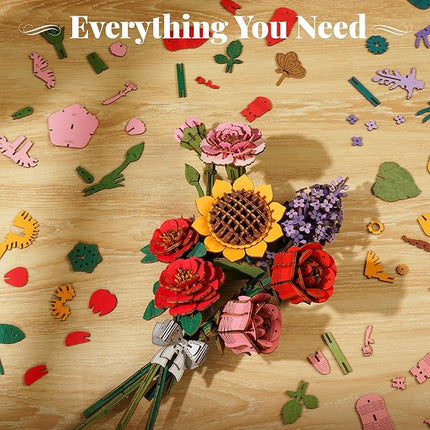 rowood 3D Puzzle Artifical Flower,DIY Wooden Flower Craft Kit Building,Mother's Day/Valentine's Day/Teacher's Day/Thanksgiving Day/Christmas/Birthday Gift for Mom/Women/Grandma/Wife/Her-Red Camellia