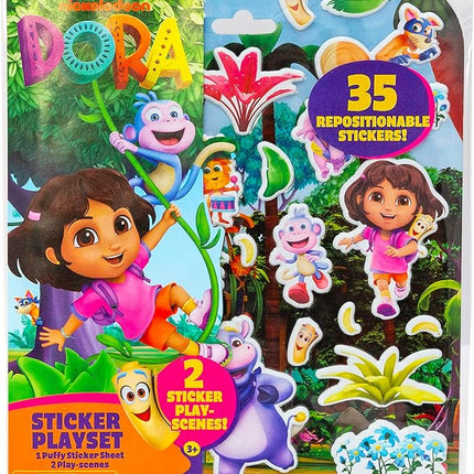 Dora Puffy Sticker Playset, 35 Reusable Stickers and 2 Play Scenes, Fun Kids Activities, Toddler Toys, Road Trip Essentials, Gifts for 4 Year Old Girl, Mess Free Airplane Toy for Little Ones