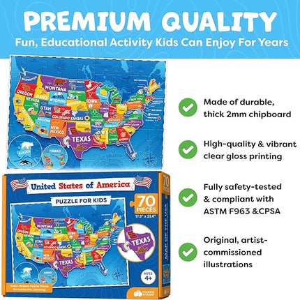 United States Puzzles for Kids Ages 4-6 - Educational Toys for Boys & Girls - 70Pcs USA Map Kids Puzzle with 50 States & Capitals - Floor Jigsaw Puzzles, Learning Activities, Valentine Gifts for Kids