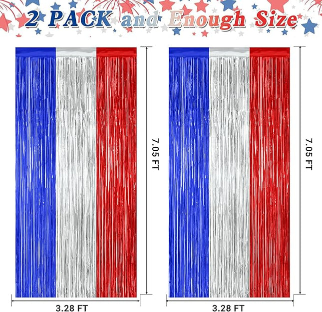 2 Pack 4th of July Party Supplies, 3.28 FT x 7.05 FT 4th of July Tinsel Backdrop, Blue Silver Red Color Fringe Curtains Streamer Backdrop, 4th of July Photo Backdrop Party Decorations