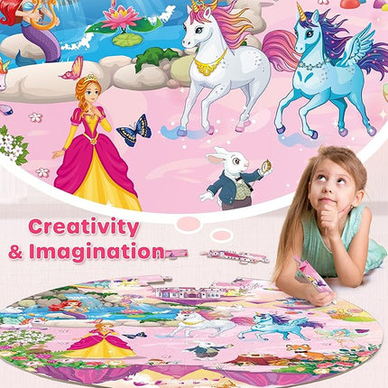 SYNARRY Unicorn Princess Mermaid Fairy Floor Puzzle for Kids Ages 3-5, Large 70 Piece Wooden Puzzle for Kids Ages 4-6, Preschool Toys Gifts for 3 4 5 6 7 8 Years Old Boys Girls Children
