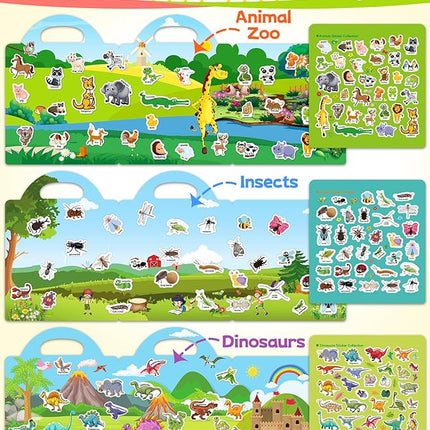 Benresive Reusable Sticker Books for Kids 2-4, Sticker Books for Toddlers 1-3 2-4, Toddler Travel Toys Activities Crafts Gifts - Animals, Dinosaurs and Insect