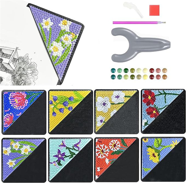 8 Pcs Diamond Art Painting Bookmarks Kit for Adult, DIY Diamond Paint Corner Book Makers Set, Small Dimond Art Kits, Valentines Day Crafts Kit Gifts for Women Flower Black with Ergonomic Diamond Pen