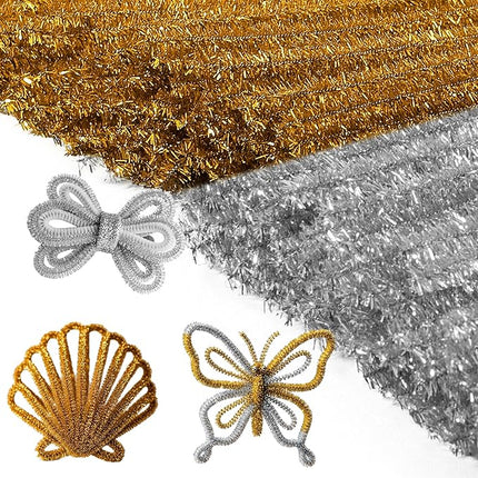 Caydo 200 Pieces Glitter Golden & Silver Pipe Cleaners, Thick Fluffy Chenille Stems, Pipe Cleaner Crafts for Arts & Crafts, Perfect for Making Animals, Flowers, and Valentine's Day Decorations