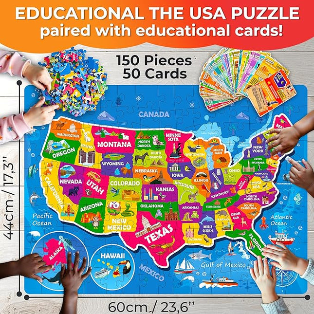 QUOKKA Puzzles for Kids Ages 8-10 - 150 Pcs Jigsaw Puzzles for 6-8 Year Olds - 400+ Facts on 50 Double - Sided Flashcards - Learn USA Education Activity Gift - Shaped Puzzle for Toddlers 4-6