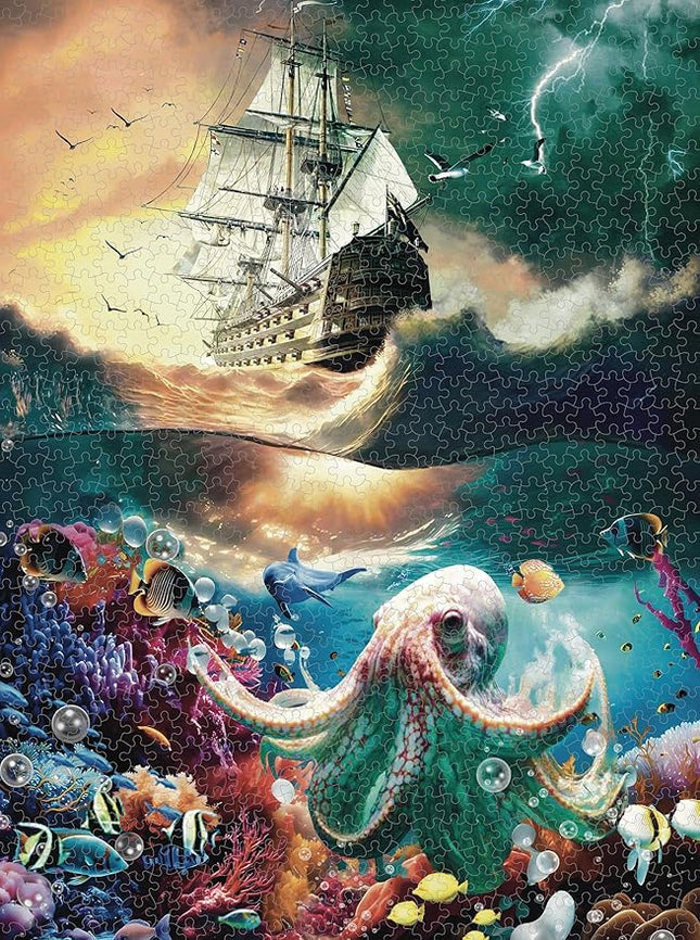Premium 1000 Piece Jigsaw Puzzle for Adults -27x20 Unique Marine Artwork Pirate shipoctopus Puzzle - Unique Brain Teaser, Difficult and Challenge Large Puzzle Game Toys Gift…