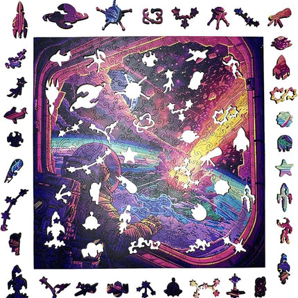 Wooden Jigsaw Puzzle for Adults - Challenging 300 Piece Puzzle with Cool Shapes - Space Astronaut Meteor Puzzle Art - Paranormal Collection (Cosmic Collision)