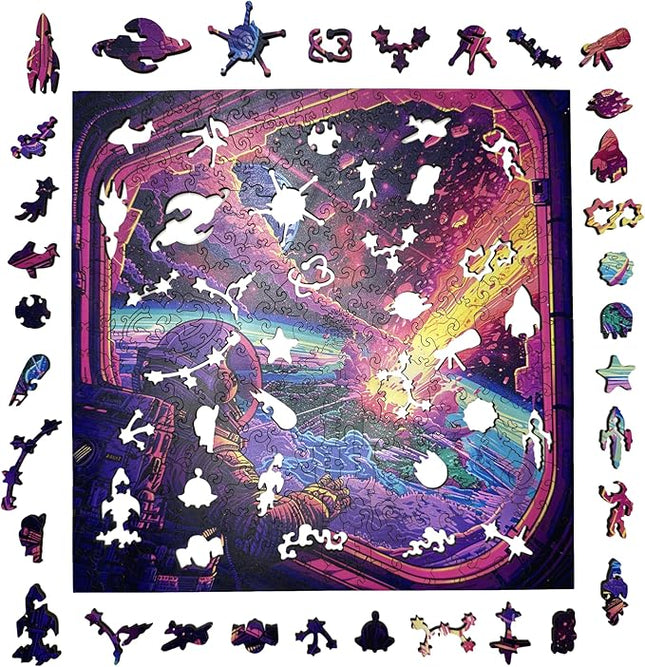 Wooden Jigsaw Puzzle for Adults - Challenging 300 Piece Puzzle with Cool Shapes - Space Astronaut Meteor Puzzle Art - Paranormal Collection (Cosmic Collision)