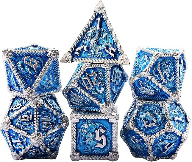AUSTOR 7-Die Metal DND Dice Set Dungeons and Dragons Polyhedral Roll Playing Dice with Box D20 D12 D10 D% D8 D6 D4 for Pathfinder MTG RPG Board Games