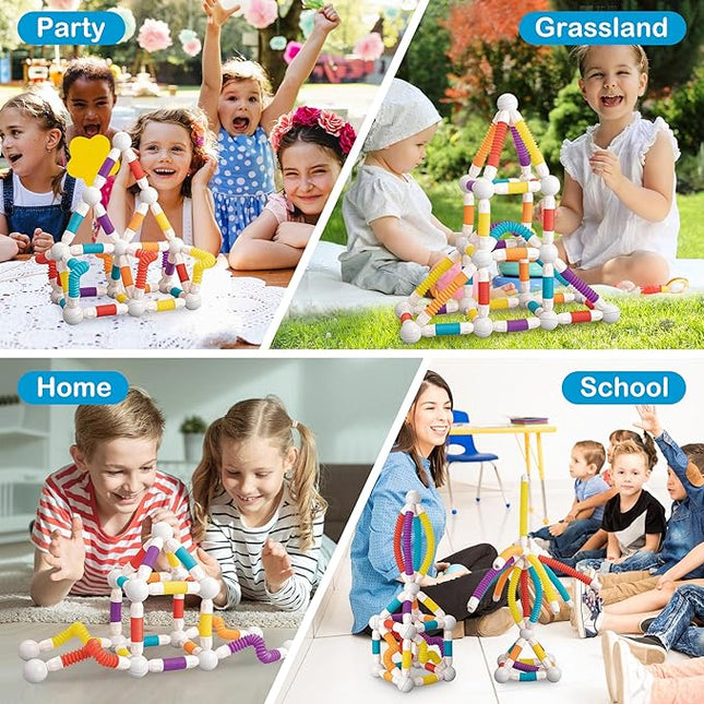 Magnetic Building Blocks Construction Set, 66 Pieces, Educational STEM Toy with Flexible Tubes and Connectors (66PCS)