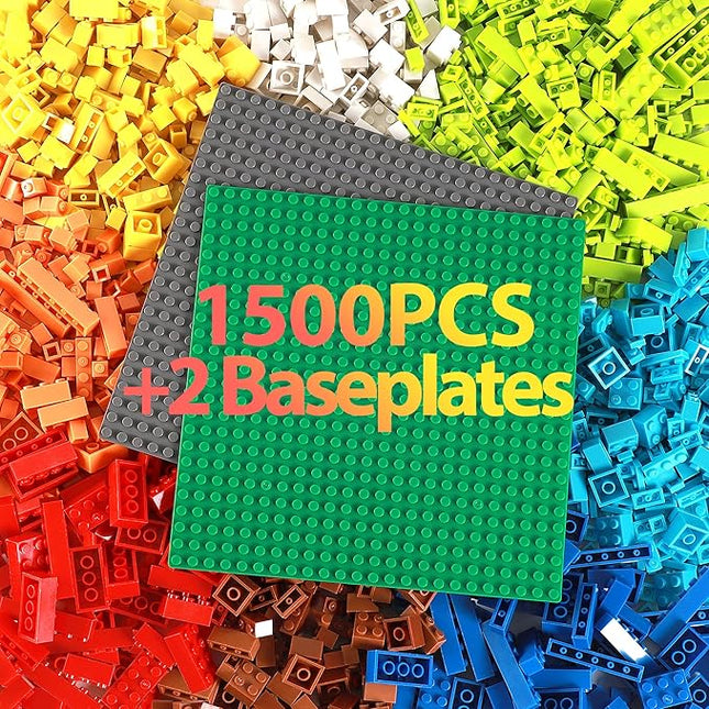 1500PCS Building Bricks, Classic Bulk Building Blocks with 2 Pack 24x24 Studs Baseplates, Compatible with All Major Brands