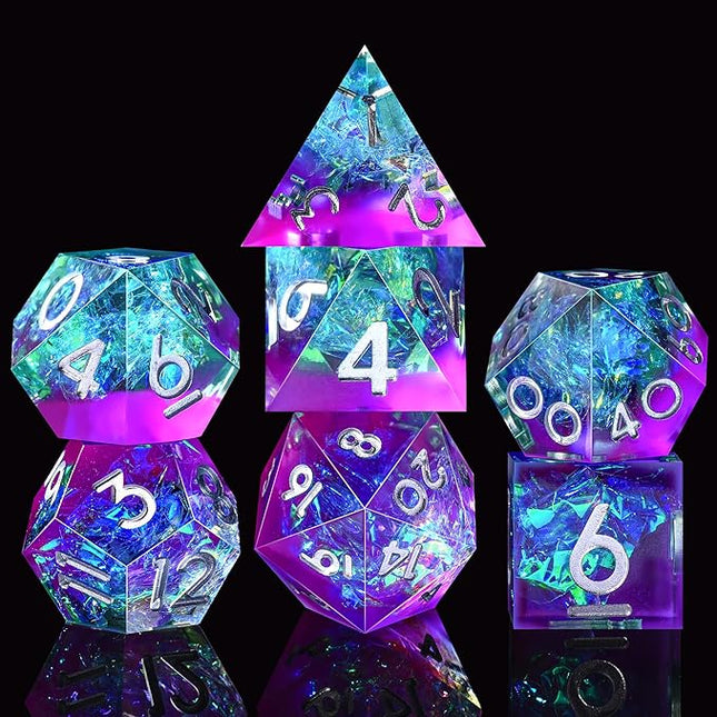 AUSTOR 7-Die DND Dice Set Handmade Sharp Edge Polyhedral Dice for Dungeons and Dragons RPG MTG Table Games（Violet & Blue）