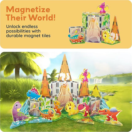 PicassoTiles 38pcs Magnet Tiles Building Blocks Dinosaur Theme Set with 8 Magnetized Action Figures Magnetic Construction Build and Play Toy with Magnets STEM Learning Activities for Toddlers 3+ PTQ13