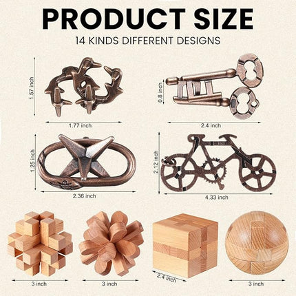 Syhood 14 Pcs Metal Brain Teaser Puzzles Ring Interlock Logic Puzzle Metal Wooden IQ Education Games Lock Challenging Gift for Adults Kid Office Party Table Toys(Classic)