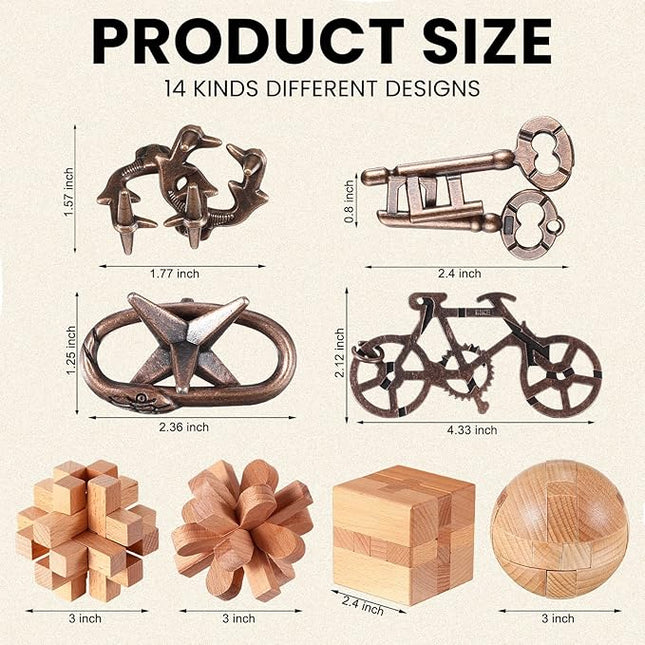 Syhood 14 Pcs Metal Brain Teaser Puzzles Ring Interlock Logic Puzzle Metal Wooden IQ Education Games Lock Challenging Gift for Adults Kid Office Party Table Toys(Classic)