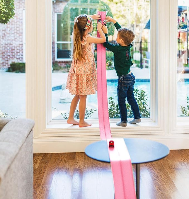 FlexTrack 5000 Flexible Race Car Track for Kids Toy with Suction Cups Compatible with Hot Wheels and Diecast 1/64th Cars and More 15 Feet Long Rolls Up Portable Racetrack (Princess Pink)