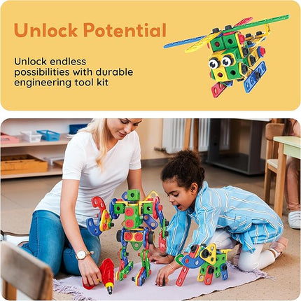 PicassoTiles 201pc STEM Learning Block Construction Kit with Power Drill and Clickable Ratchet Educational Engineering Toy Set Kids Age 3 Plus Preschool Activity Creative Play with Idea Book PTN201