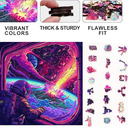 Wooden Jigsaw Puzzle for Adults - Challenging 300 Piece Puzzle with Cool Shapes - Space Astronaut Meteor Puzzle Art - Paranormal Collection (Cosmic Collision)