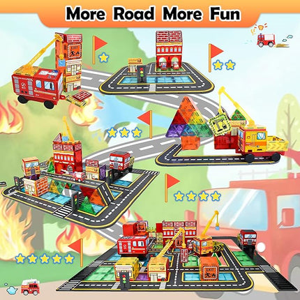 Magnetic Tiles Road Set with Fire Truck Magnetic Crane, Creative Construction Toys for Kids Ages 3-12, Boys & Girls, Fire Rescue Station and Engineering Themed Magnetic Building Blocks