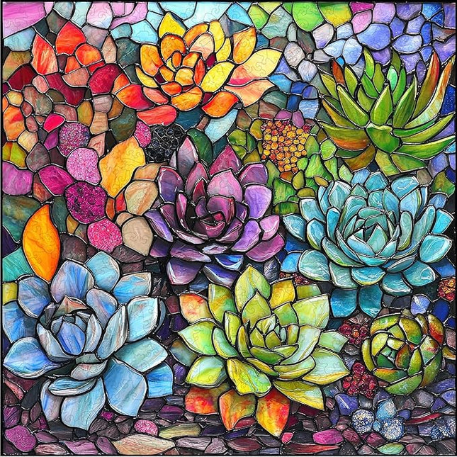 delobi Stained Glass Puzzles for Adults 500 Pieces Succulent Wooden Puzzles, Unique Liberty Challenging Jigsaw Puzzles Gift for Friends Family Game Medium Size 15.9'' x15.9''