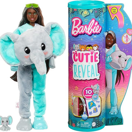 Barbie Cutie Reveal Fashion Doll, Jungle Series Elephant Plush Costume, 10 Surprises Including Mini Pet & Color Change