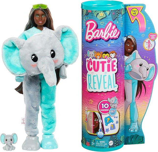 Barbie Cutie Reveal Fashion Doll, Jungle Series Elephant Plush Costume, 10 Surprises Including Mini Pet & Color Change