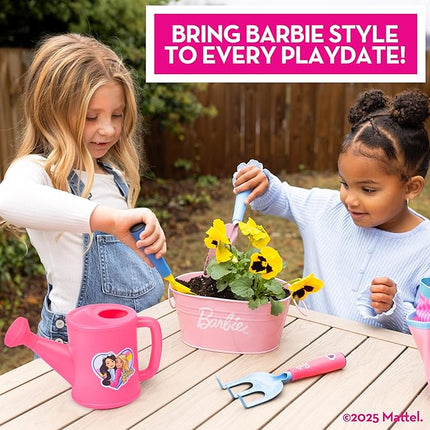 Barbie Garden Set – Real Gardening Tools for Kids with Watering Can, Metal Tools, Flower Pot and Storage Bag – Pink Tool Playset for Outdoors, 6 Pieces