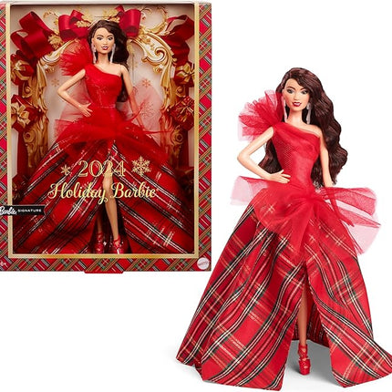 Barbie Signature 2024 Holiday Dolls, Seasonal Collector Gift, Plaid Gown with Red Bow, Displayable Packaging, Dark Brown Hair