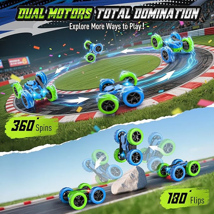 Upgraded RC Car for Kids, 360° Rotating Double Sided Stunt Vehicle with Headlights, 2.4GHz 4WD Remote Control Car, USB-C Rechargeable Electric Toy for Boys & Girls (Blue-Green)