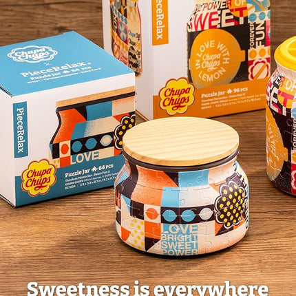 Chupa Chups X PieceRelax 3D Puzzle Jar 64 Plastic Pieces for Adults - Timeless Memories - Retro Fun S Wooden Lid Container for Kitchen Dining Study Living Room No Glue Requied Small [BC1024]