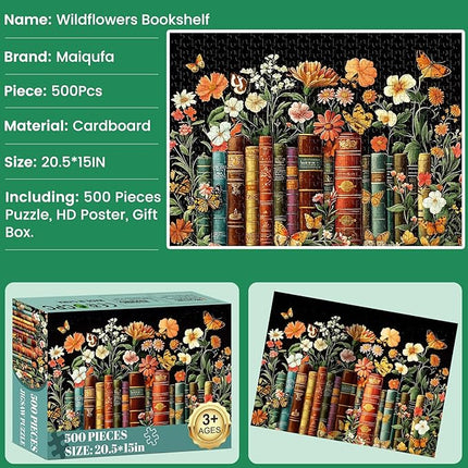 500 Piece Puzzle for Adults | Vintage Wildflowers Books Puzzle | Recycled Cardboard Plant Flowers Jigsaw Puzzle 500 Pieces | Challenging Game Home Decor Birthday Party Gift Toy for Adults Kids Seniors