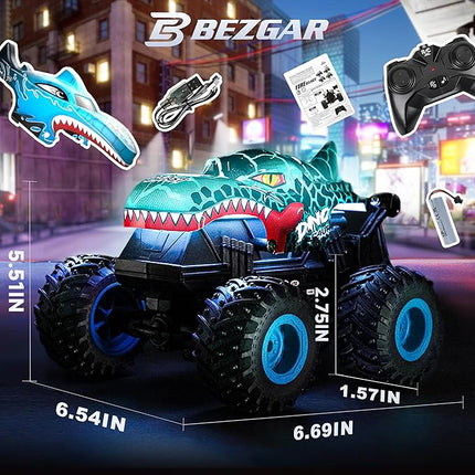 BEZGAR Monster Truck Toys - Remote Control Monster Trucks with Light & Music, Dinosaur Toys for Kids, 1:20 Scale RC Truck with 360° Spins and Drifting, Remote Control Car for Boys with Two Car Shells