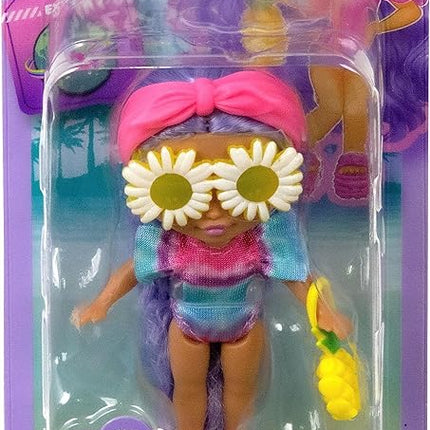 Barbie Extra Mini Minis Travel Doll with Lavender Hair, Tie-Dye Swimsuit with Puff Sleeve & Beach-Themed Accessories