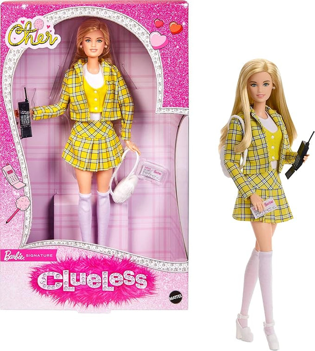 Barbie Signature Doll, Clueless Cher Collectible in Yellow Plaid Suit with Backpack, Cell Phone, & Learner’s Permit Accessories