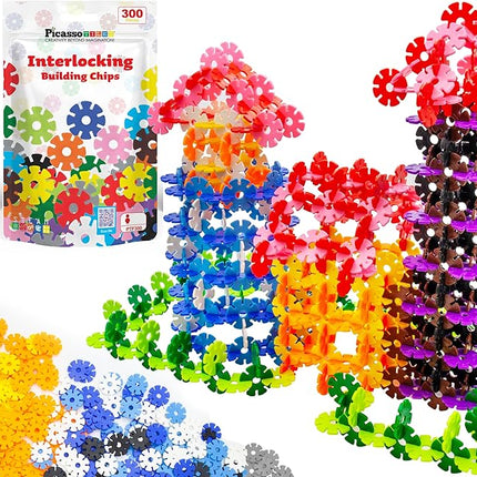 PicassoTiles Construction Building Chips Block 300 Piece Set Interlocking Plastic Disc STEM Learning Toy Creative Education Child Brain Development Play for Toddler Kids Boys Girls Ages 3 & Up PTF300