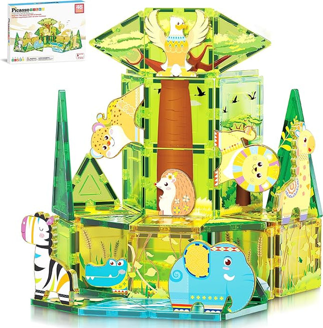 PicassoTiles Magnet Tile Building Block Safari Themed Set with 8 Compatible Magnetized Animal Action Figures Build Blocks Toddler Creativity Toys STEAM Educational Learning Skills Ages 3+ PTQ12
