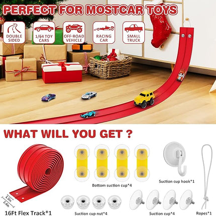 16 Ft Flexible Race Car Ramp Track for Kids Toy with Suction Cups, Compatible with Diecast 1/64th Cars, Rolls Up Portable Racetrack Party Favor Gifts for Boys Ages 3-10 Year Old (Racing Red)