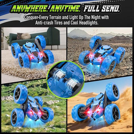 RC Stunt Car for Kids, 360° Flip Double Sided Remote Control Vehicle with Headlights, USB-C Rechargeable 4WD Toy, 2.4GHz Electric Car for Boys and Girls (Blue)