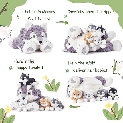 IKASA Mommy Wolf Stuffed Animal Mom and Baby Plush Toy, Cute 18" Soft Small Mama Family Set with Little Mini Babies,Gifts for Kid (Wolf)