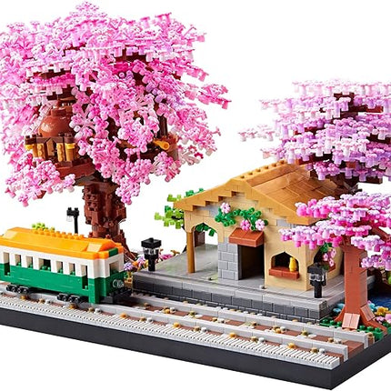 Architecture, Japanese Sakura Tree Class Train Station Cherry Blossom Tree Building Block Model Kit 3668 PCS for Adults and Kids, Classical Building Micro Blocks Set,Mini DIY Assembly Toy