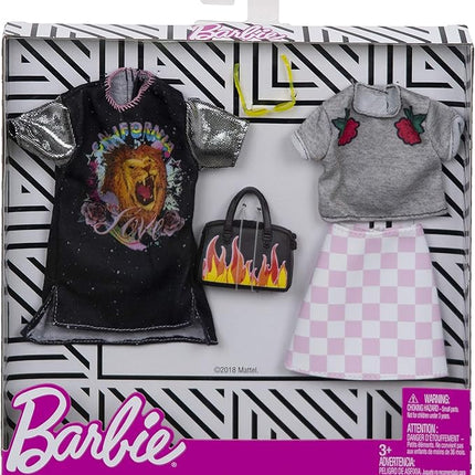 Barbie Clothes - 2 Outfits Doll Include a T-Shirt Dress with Retro Rock Graphic and Flame-Decorated Purse, Gift for 3 to 8 Year Olds