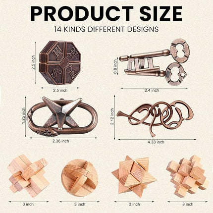 Syhood 14 Pcs Brain Teaser for Adults Metal Puzzles 3D Steel Puzzle for Adults Mind Puzzle Games Wooden Unlock Interlocking Puzzle Adult IQ Education Puzzle Toys Smart Toy (Novelty)